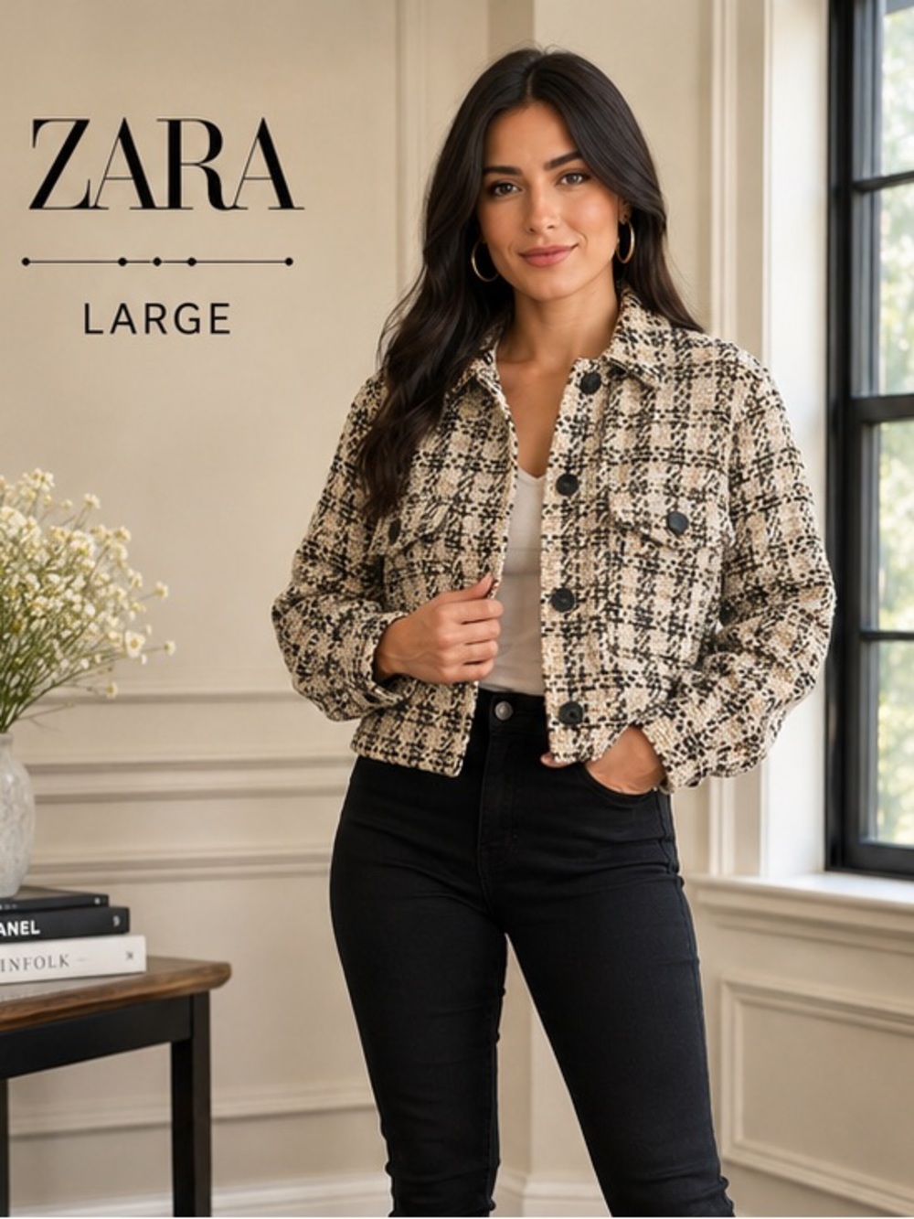 Zara Textured Tweed Plaid Cropped Shacket Jacket Black Cream L NWT